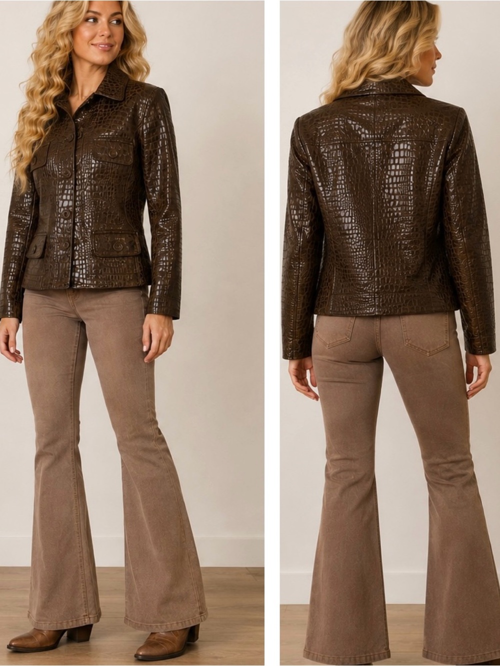 Newport News Brown Genuine Leather Croc Embossed Vintage Jacket sz 10